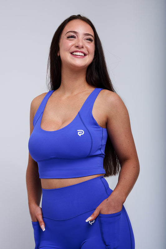 PRXJECT IRON women's blue premium performance sports bra – supportive gym wear for training, lifting, and high-impact workouts