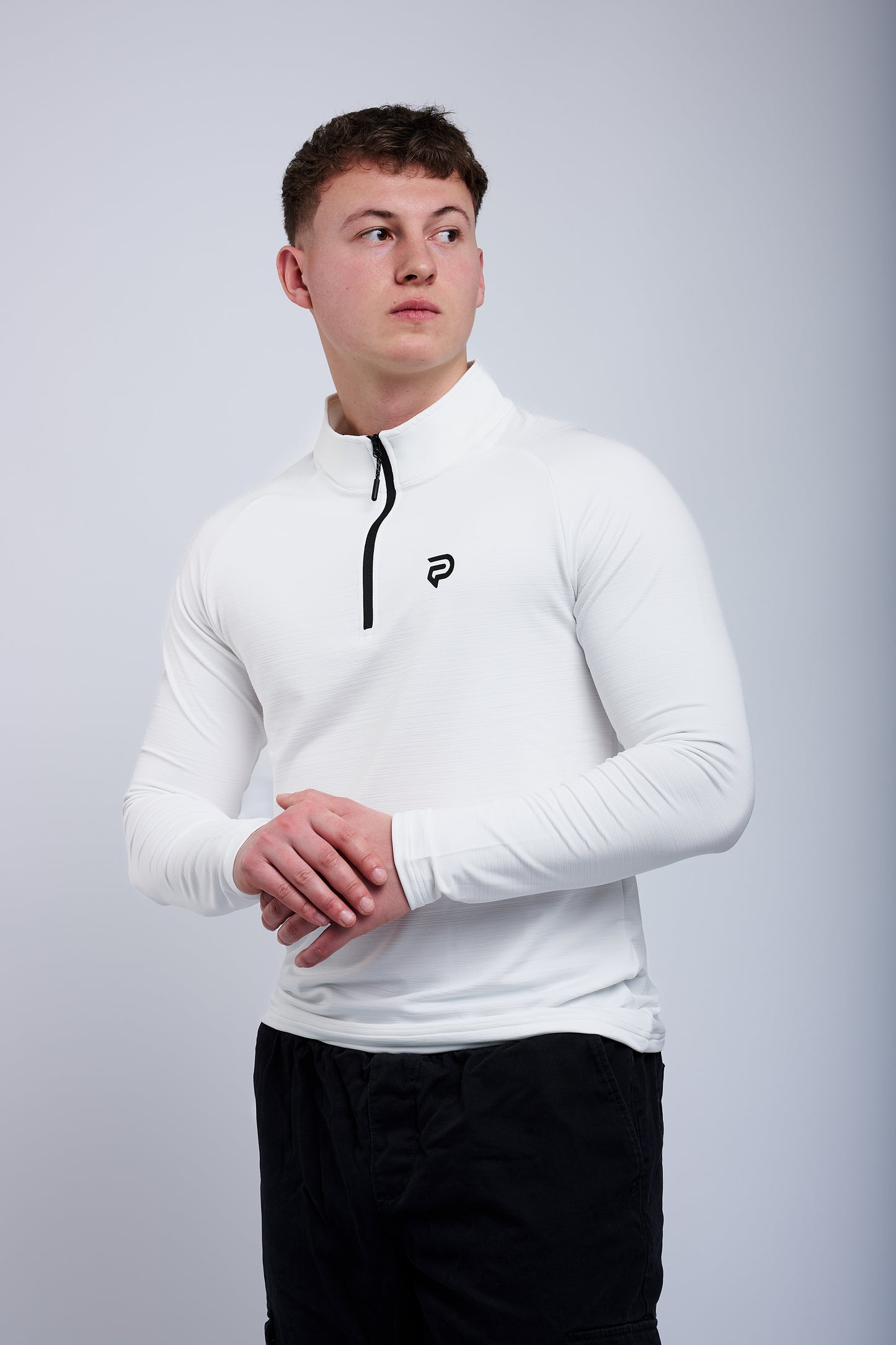 PRXJECT IRON men's white quarter-zip athletic top – lightweight long sleeve gym shirt for training and performance wear
