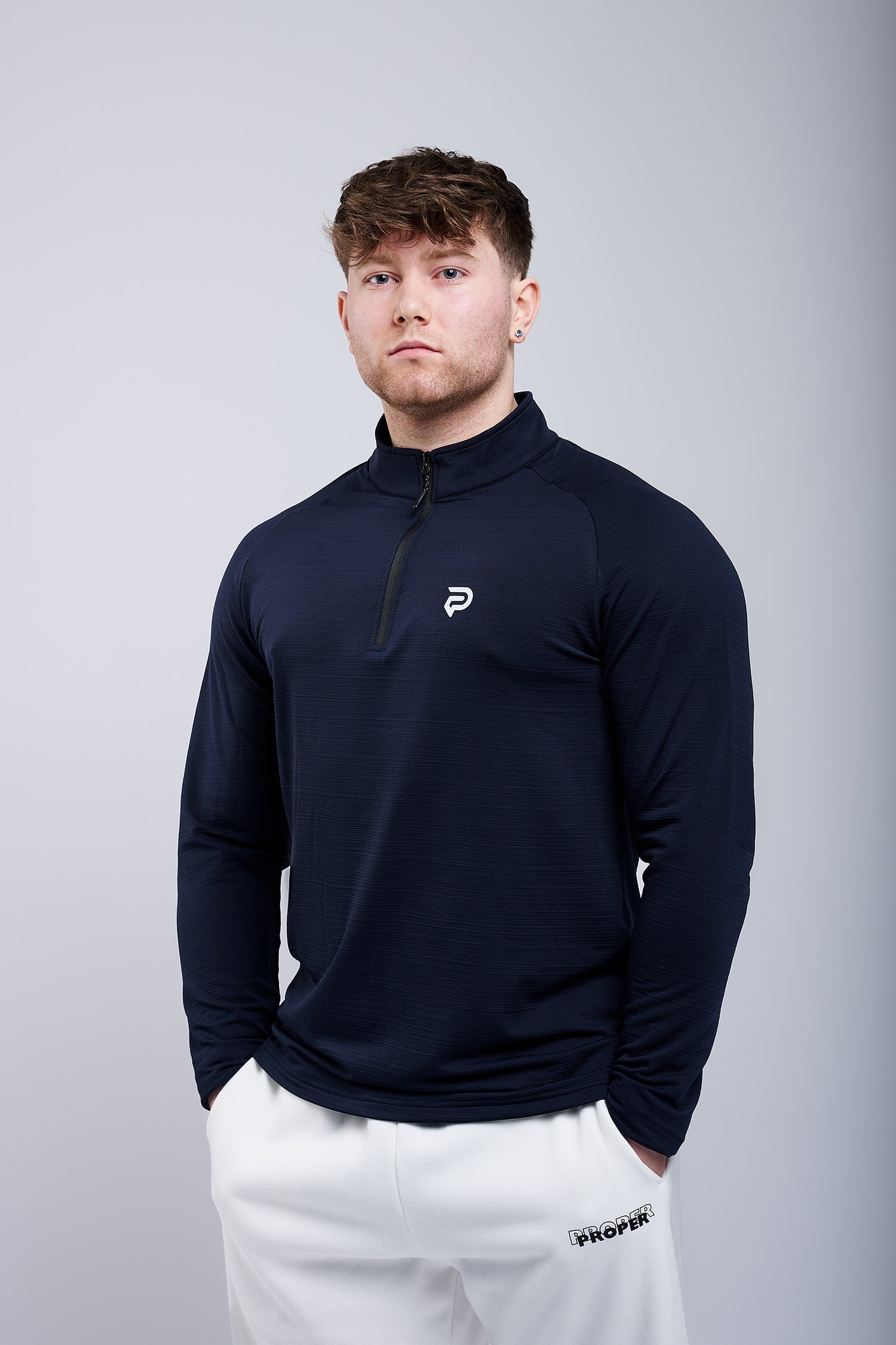 PRXJECT IRON men's navy quarter-zip performance top – moisture-wicking long sleeve gym shirt 