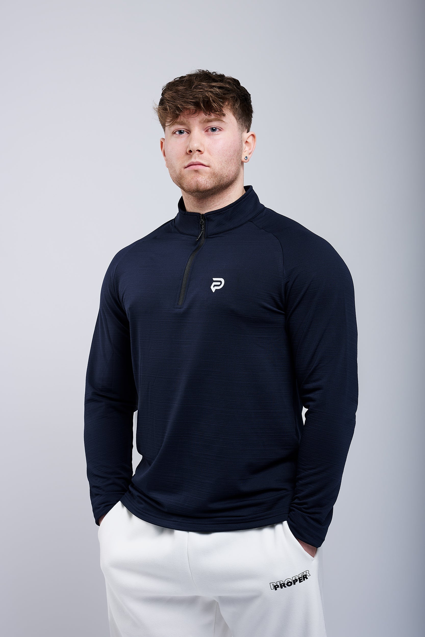 PRXJECT IRON men's navy quarter-zip performance top – moisture-wicking long sleeve gym shirt 