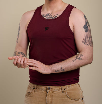 PRXJECT IRON Proper burgundy ribbed gym vest – breathable stretch-fit workout tank for men, ideal for weightlifting and summer training