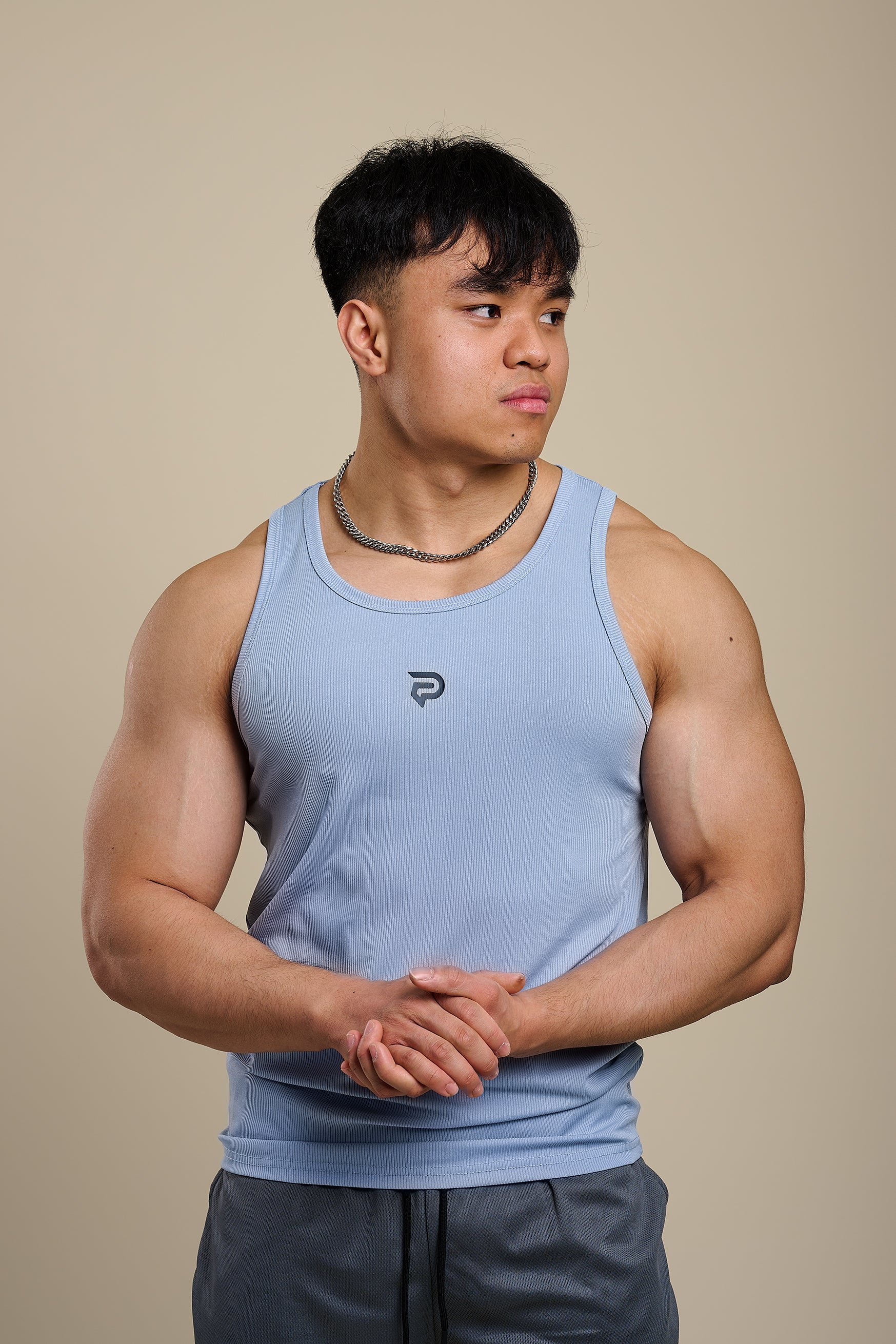 PRXJECT IRON Proper blue ribbed gym vest – breathable stretch-fit workout tank for men, ideal for weightlifting and summer training