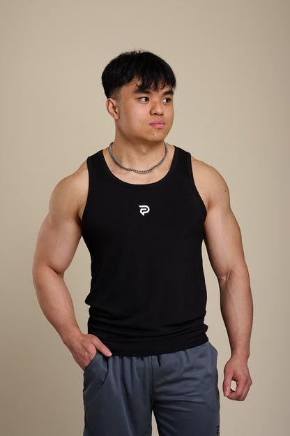 PRXJECT IRON Proper black ribbed gym vest – breathable stretch-fit workout tank for men, ideal for weightlifting and summer training