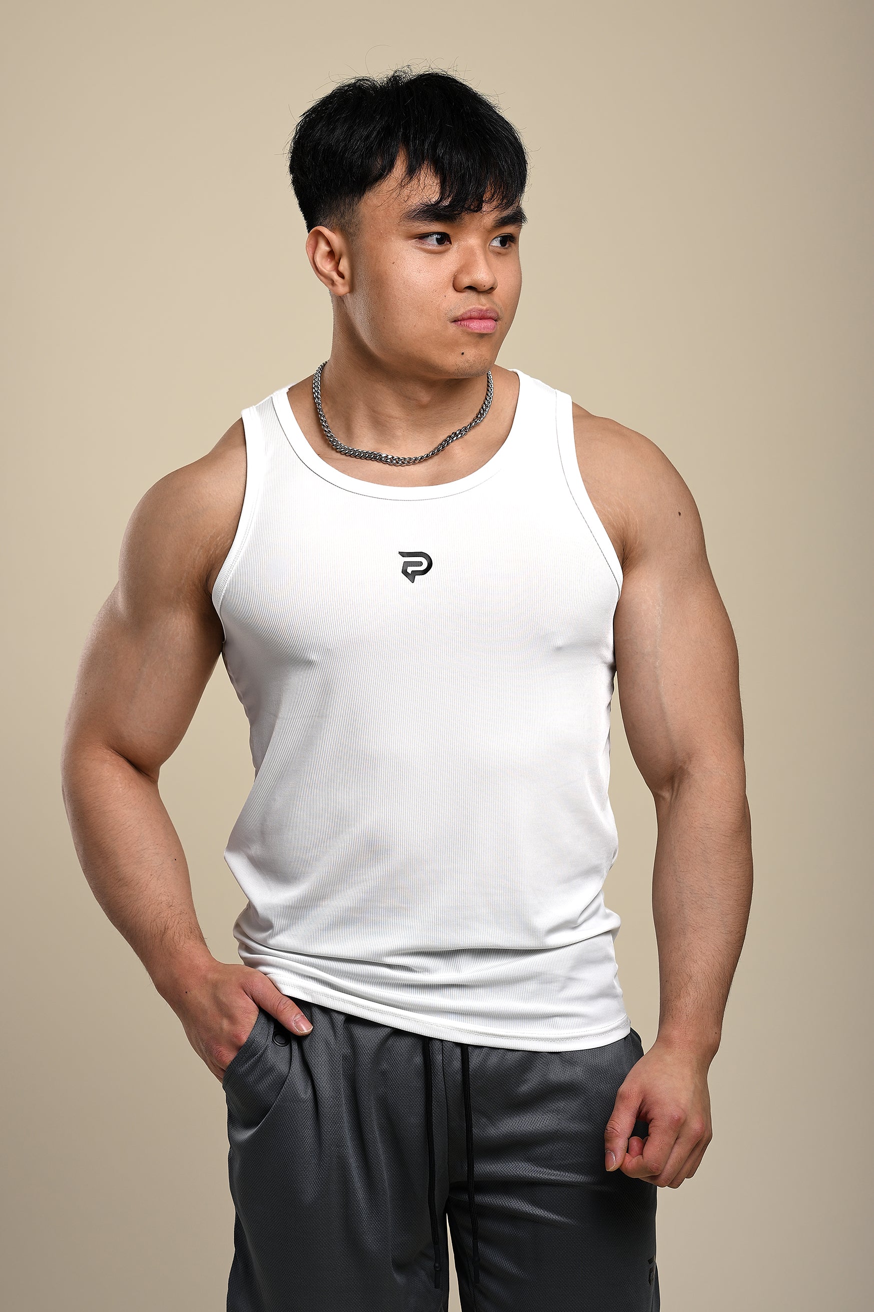 PRXJECT IRON Proper white ribbed gym vest – breathable stretch-fit workout tank for men, ideal for weightlifting and summer training